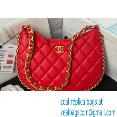 Chanel Shiny Crumpled Lambskin & Gold-Tone Metal Hobo Handbag AS4378 Red 2023